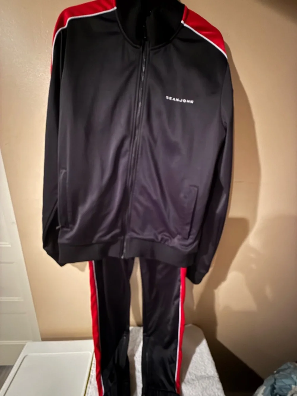Sean John Colorblock Tracksuit Black Red White L 2 Piece Polyester Jacket Pants